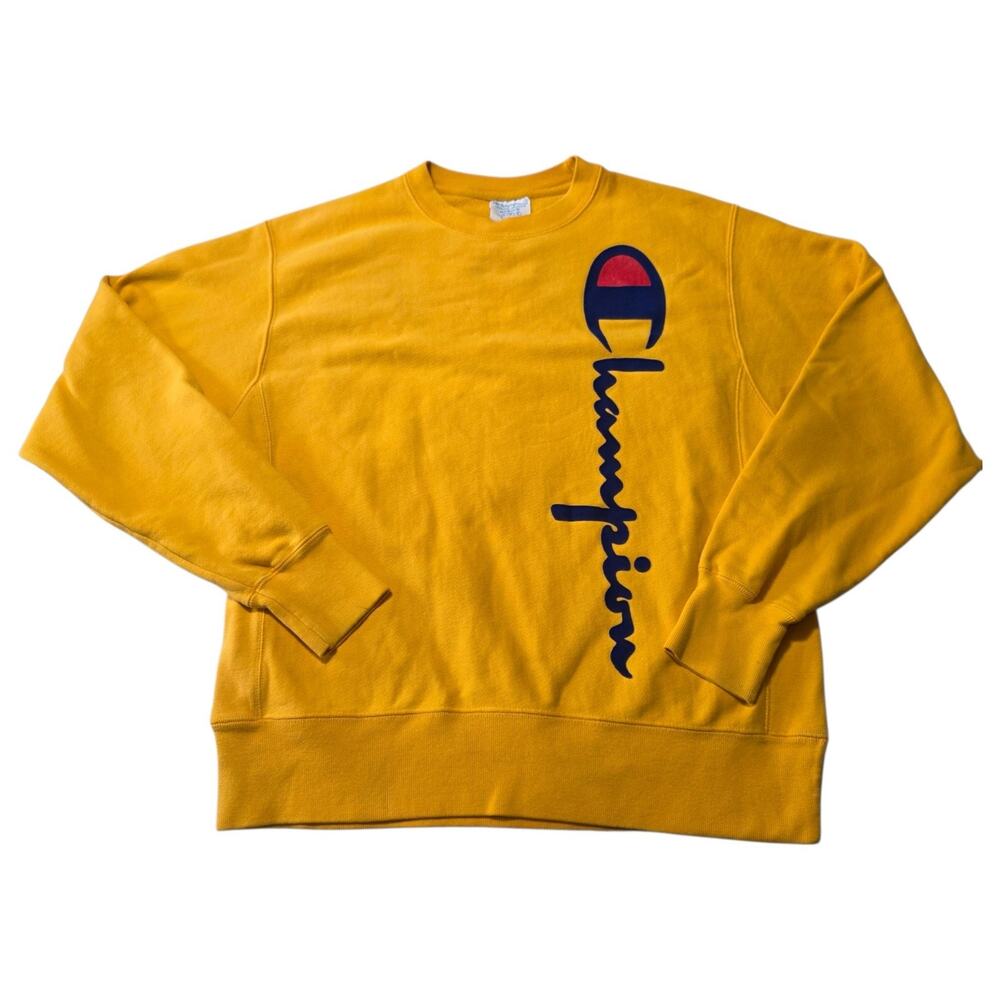 Champion Reverse Weave Sweatshirt Mens M Gold Vertical Logo Spellout Pullover